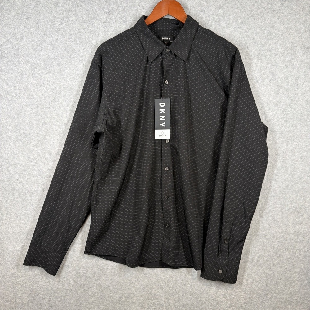 DKNY Men's Core Polka Dot Button-Up Long Sleeve Stretch Shirt Sz. XL NEW BLACK